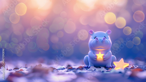 a hippopotamus sits on the ground surrounded by a yellow star, a blue and white toy, and a white arm