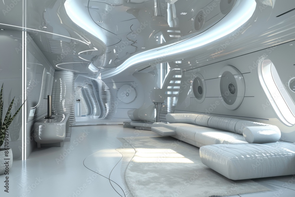 Futuristic interior design in white with modern furniture, curved walls ...