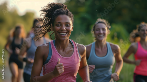 Middle Aged Black Woman Running Outdoors on a sunny morning day with her friends, Stay fit and live healthy