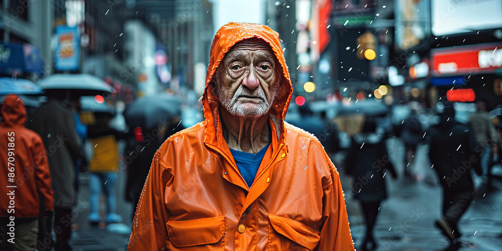 portrait of an old man in a raincoat standing on the street on a rainy day, generative AI portrait of an old man in a raincoat standing on the street on a rainy day, generative AI