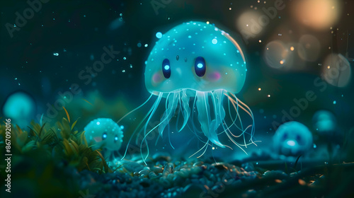 a blue jellyfish with a black and blue eye swimming in the water © cOmbEt