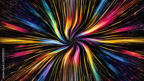 A kaleidoscope of colorful streaks shooting out from a central point against a starry black background.