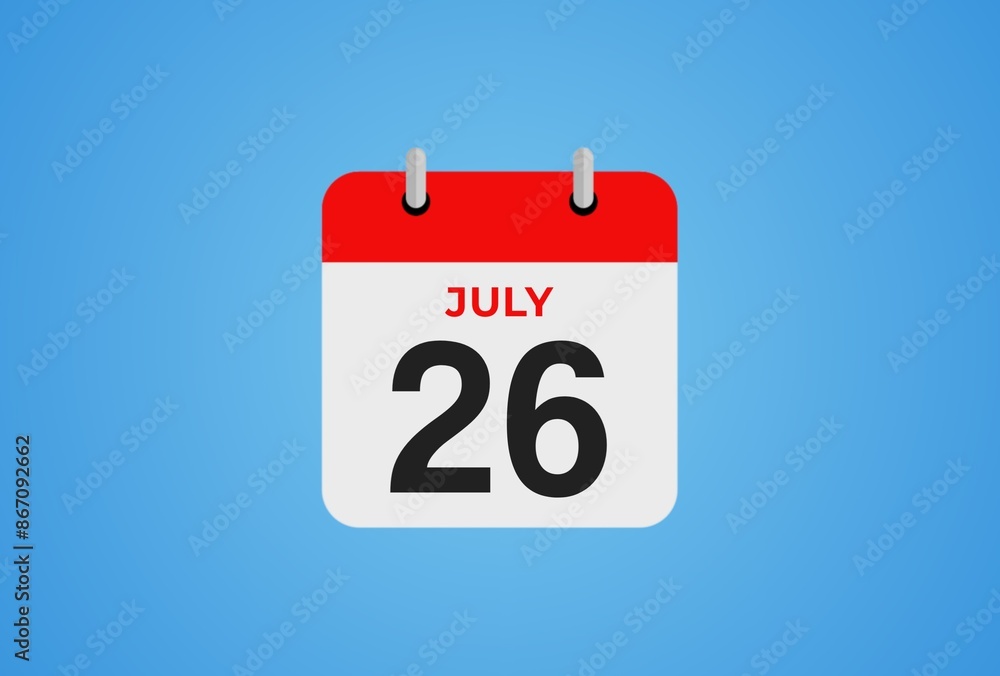 Icon calendar day. 26 July. 26th days of the month, illustration style. Date day of week Sunday, Monday, Tuesday, Wednesday, Thursday, Friday, Saturday. Icon calendar day. 26 July. 26th days of the month, illustration style. Date day of week Sunday, Monday, Tuesday, Wednesday, Thursday, Friday, Saturday.
