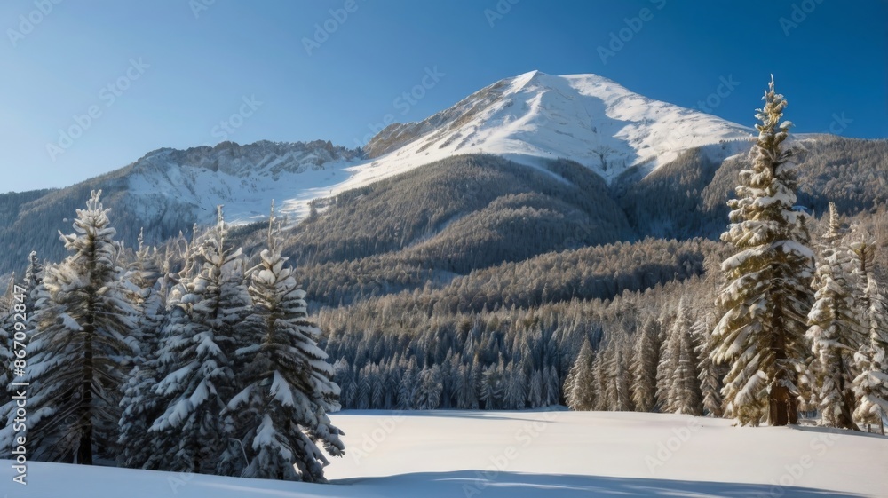 Snow covered winter landscape with pine trees and a mountain backdrop, clear blue sky Snow covered winter landscape with pine trees and a mountain backdrop, clear blue sky