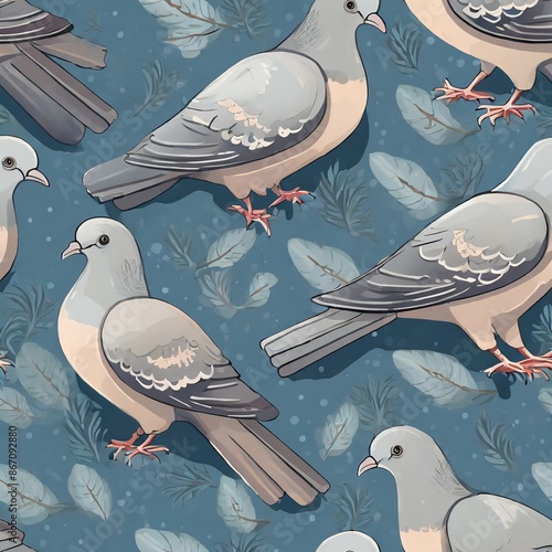 gray pigeons on blue background. Seamless pattern. Texture for fabric, wrapping, wallpaper. Decorative print.Vector illustration photo