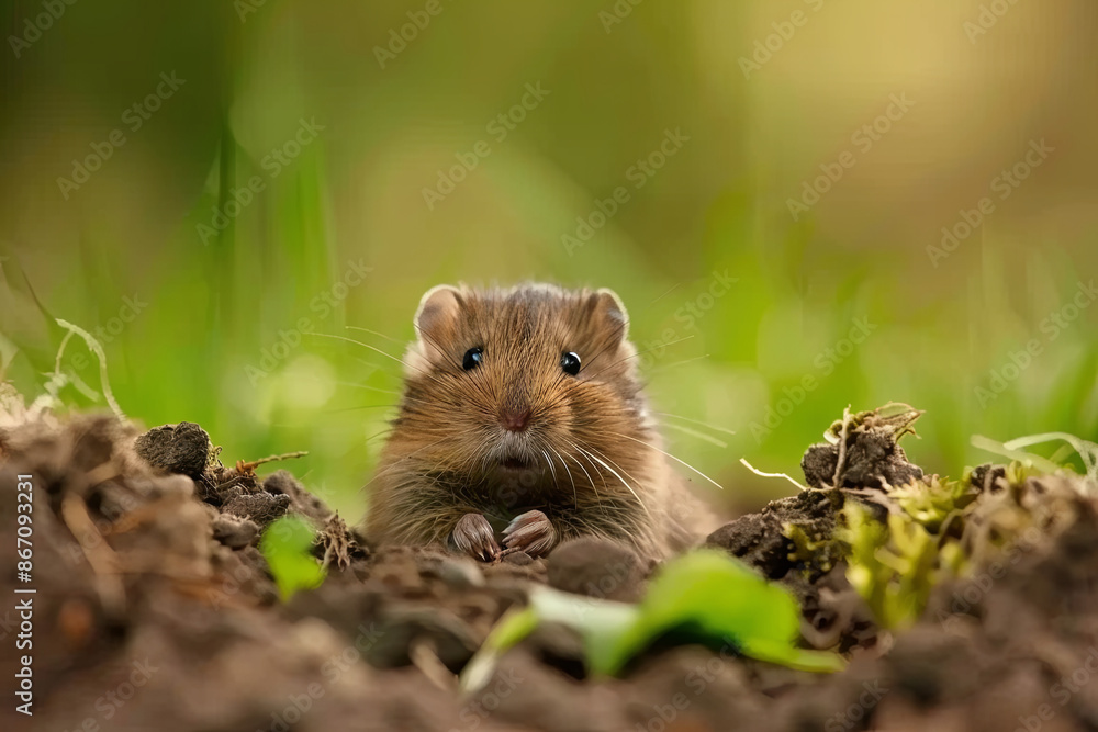 Vole poking its head out of the ground, nature and wildlife Vole poking its head out of the ground, nature and wildlife