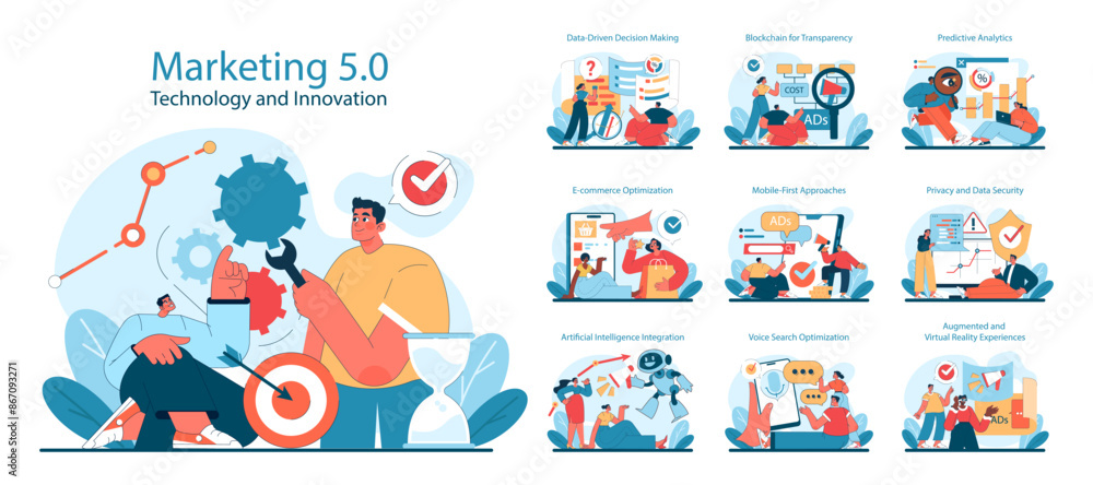 Marketing 5.0 set. Digital innovation and technology in advertising. Marketing 5.0 set. Digital innovation and technology in advertising.
