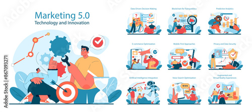Marketing 5.0 set. Digital innovation and technology in advertising.