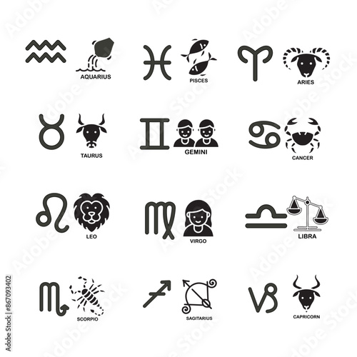 Zodiac signs. Astrological symbols, the constellations Capricorn, Aquarius, Pisces, Virgo, Sagitarius, Leo, Gemini, Cancer, Aries, Taurus, Libra and Scorpio. Twelve astrological avatars.