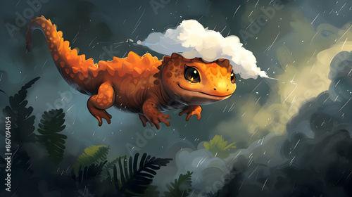 an orange dinosaur with a black eye and orange tail stands in the rain, accompanied by a green leaf photo