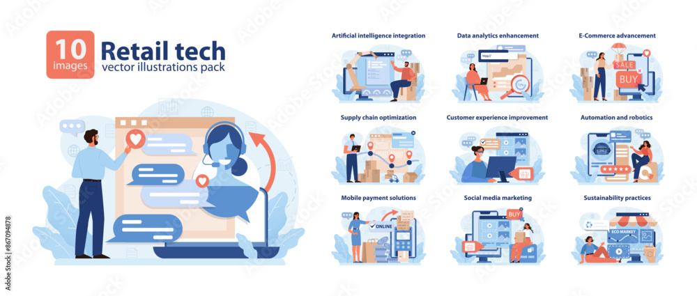 Retail Tech Vector Illustrations Pack. A dynamic showcase of technology integration in retail. Retail Tech Vector Illustrations Pack. A dynamic showcase of technology integration in retail.