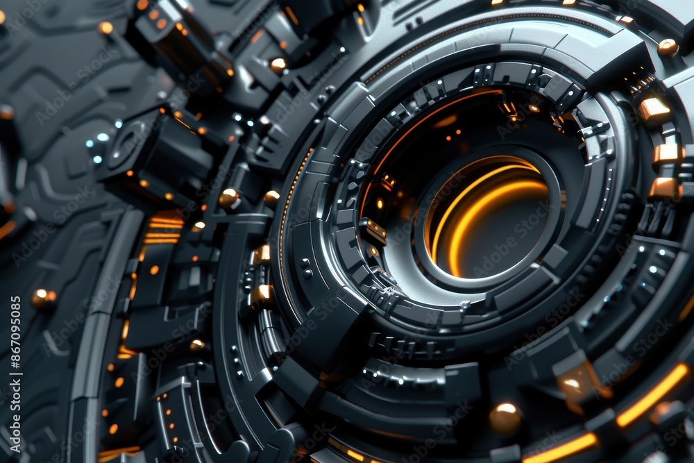 Abstract 3D render of futuristic technology. gears, circuits, and glowing orange lights. Concepts. Sci-fi, engineering, mechanics, and innovation. Abstract 3D render of futuristic technology. gears, circuits, and glowing orange lights. Concepts. Sci-fi, engineering, mechanics, and innovation.