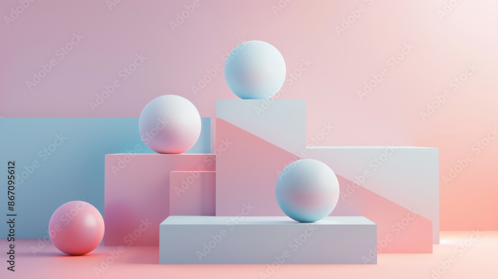 a modern abstract setup with pastel-colored geometric shapes on a multi-level podium a modern abstract setup with pastel-colored geometric shapes on a multi-level podium