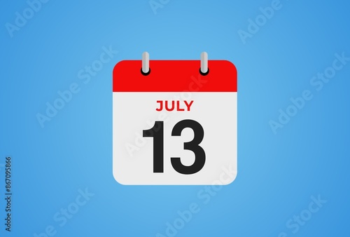 Icon calendar day. 13 July. 13th days of the month, illustration style. Date day of week Sunday, Monday, Tuesday, Wednesday, Thursday, Friday, Saturday. 