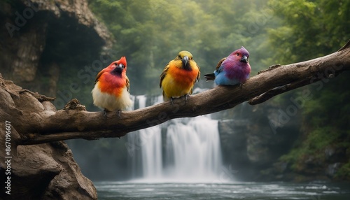 Three birds perched on a branch near a waterfall in their natural habitat, creating an enchanting atmosphere for bird enthusiasts.