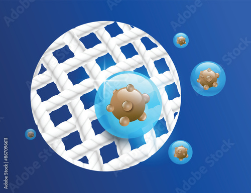Blue bubbles from disinfectant or cleaning products It is trapping germs or stains from white cloth by magnifying it under microscope, vector 3d Advertisements for laundry detergent