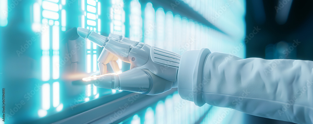 A robotic hand interacts with a futuristic touch screen, representing advanced technology and artificial intelligence in a digital environment. A robotic hand interacts with a futuristic touch screen, representing advanced technology and artificial intelligence in a digital environment.