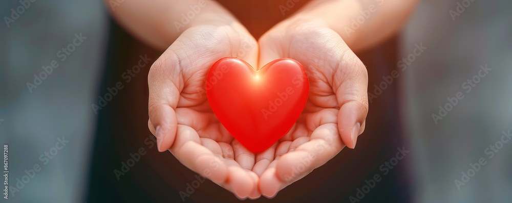 Caring hands gently holding a red heart symbolizing love, care, compassion, and support against a blurry background. Perfect for health or charity themes. Caring hands gently holding a red heart symbolizing love, care, compassion, and support against a blurry background. Perfect for health or charity themes.