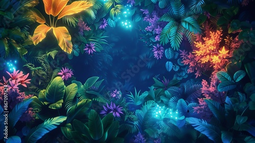 bioluminescent forest flat design top view glowing flora animation vivid,