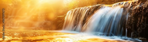 A beautiful golden sunset illuminating a serene waterfall flowing into a tranquil pool, showcasing the peaceful essence of nature.