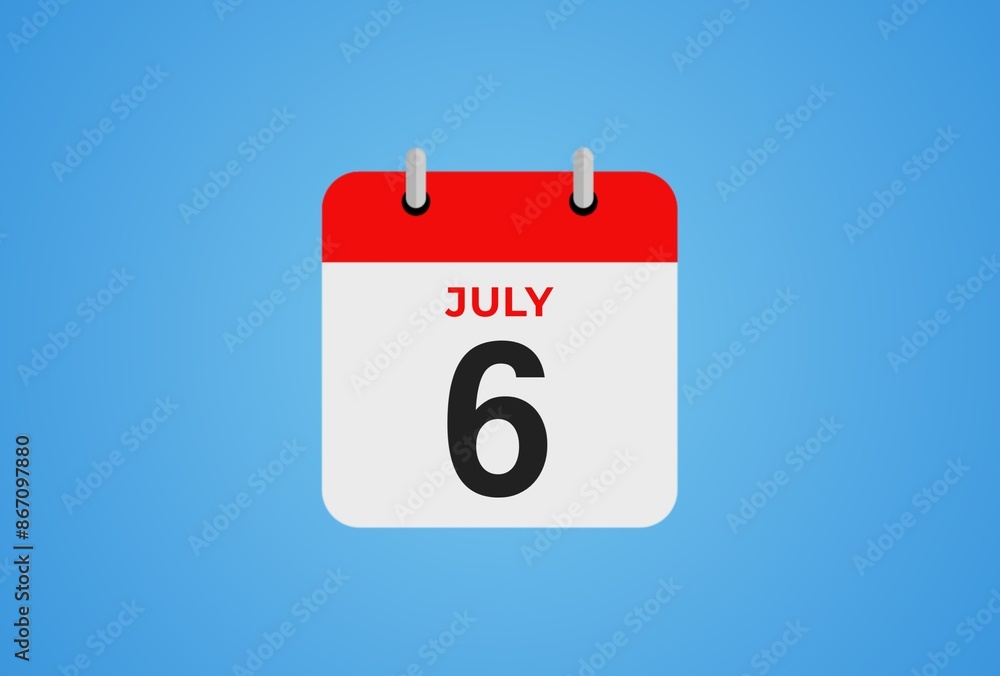 Icon calendar day. 6 July. 6th days of the month, illustration style. Date day of week Sunday, Monday, Tuesday, Wednesday, Thursday, Friday, Saturday. Icon calendar day. 6 July. 6th days of the month, illustration style. Date day of week Sunday, Monday, Tuesday, Wednesday, Thursday, Friday, Saturday.