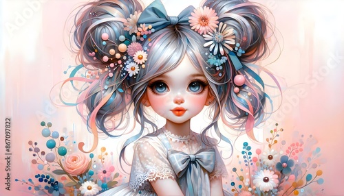 ilustración infantil, niña, chibi, animé, kawaii, ojos expresivos, saludo, ambiente pastoril, estilo japonés, bebé, cabello, moda, arte, glamour, niño, maquillaje, falda, estilo, rosa