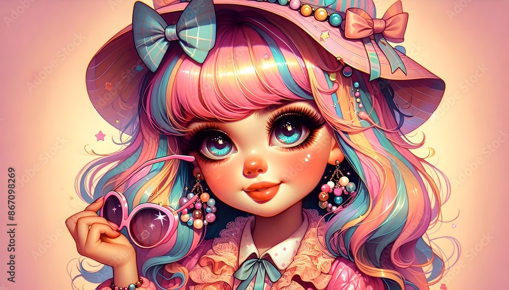 Fototapeta premium ilustración infantil, niña, chibi, animé, kawaii, ojos expresivos, saludo, ambiente pastoril, estilo japonés, bebé, cabello, moda, arte, glamour, niño, maquillaje, falda, estilo, rosa