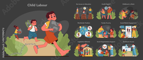 Child labor awareness set. Flat vector illustration