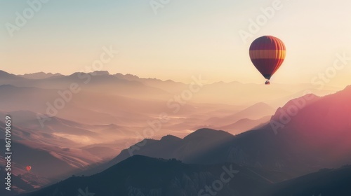A hot air balloon floats serenely over the picturesque mountain landscape at sunrise, showcasing the tranquility and beauty of nature. © kitidach