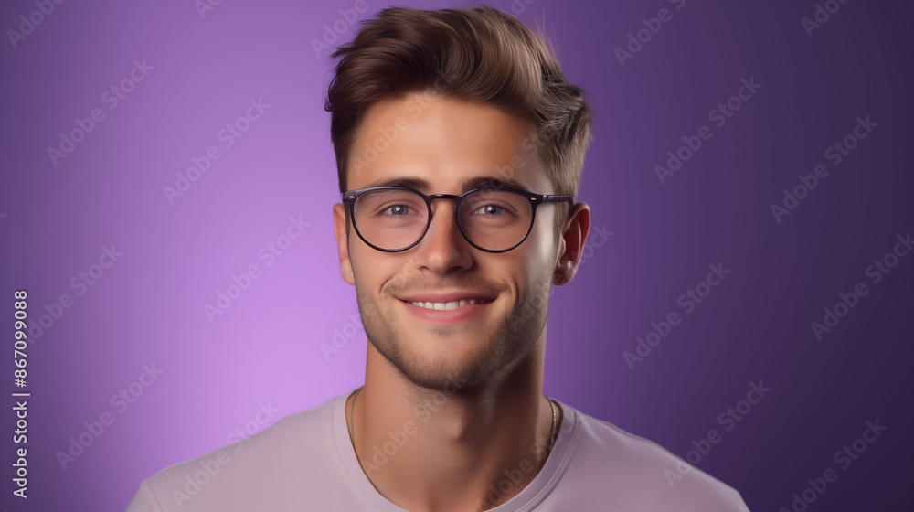 A young man in glasses posing confidently for a headshot portrait, his friendly smile lighting up the frame against a solid lavender background A young man in glasses posing confidently for a headshot portrait, his friendly smile lighting up the frame against a solid lavender background