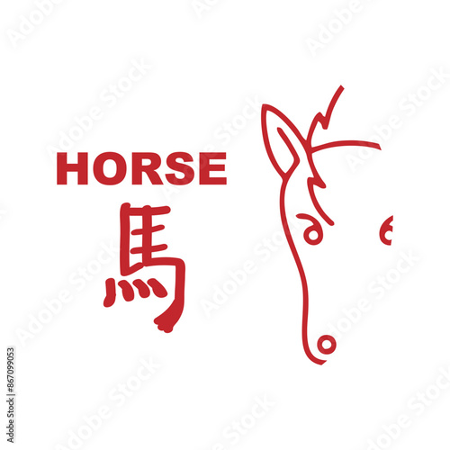 Chinese zodiac signs, horoscope icons set. Animal symbol horse. Twelve animal avatars. With Chinese writing.