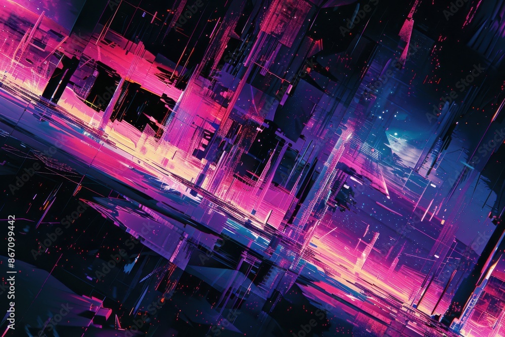 Fototapeta premium Vibrant cyberpunk cityscape with neon lights reflecting in water. Abstract futuristic city illustration in pink and blue colors.