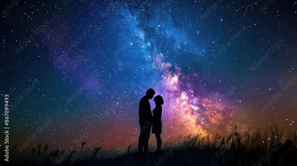 A romantic couple silhouettes under a breathtaking night sky filled with stars and the Milky Way, creating an intimate moment in nature. A romantic couple silhouettes under a breathtaking night sky filled with stars and the Milky Way, creating an intimate moment in nature.