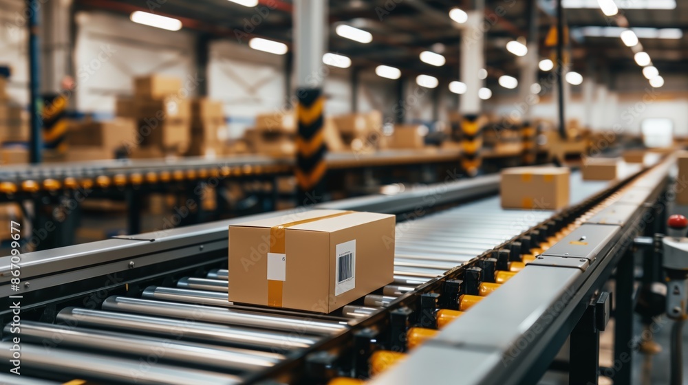 custom made wallpaper toronto digitalTape-Sealed Shipping Box Traveling on Automated Steel Conveyor Line Inside High-Volume Warehouse Sorting Area