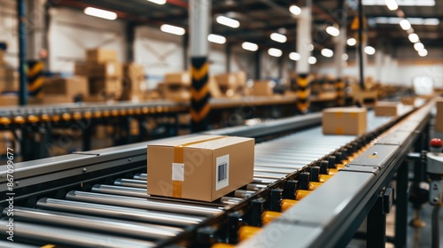 Wallpaper Mural Tape-Sealed Shipping Box Traveling on Automated Steel Conveyor Line Inside High-Volume Warehouse Sorting Area Torontodigital.ca