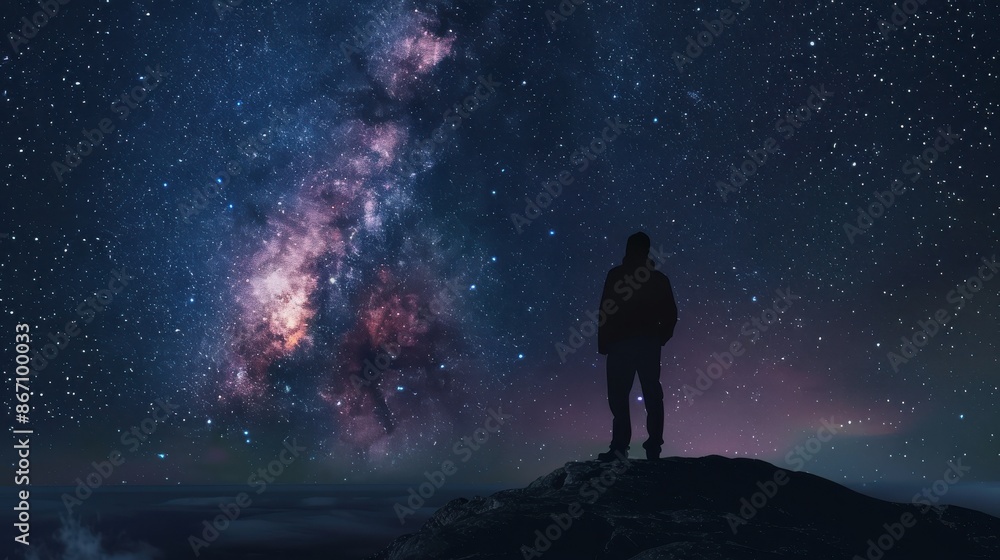 Galaxy with Milky Way, night sky, twinkling stars, vast cosmos, close up, copy space, vivid hues, Double exposure silhouette with starry expanse Galaxy with Milky Way, night sky, twinkling stars, vast cosmos, close up, copy space, vivid hues, Double exposure silhouette with starry expanse