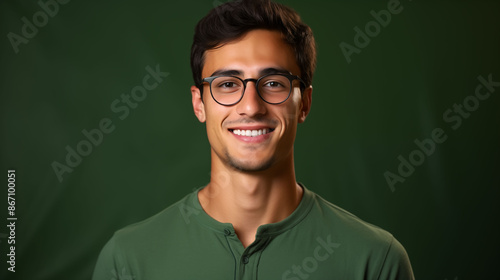 A young professional student with glasses, his bright smile and confident gaze captured in a headshot portrait against a solid olive green background