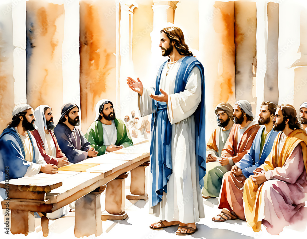 Jesus Christ teaches in the Temple. Watercolor Biblical Illustration