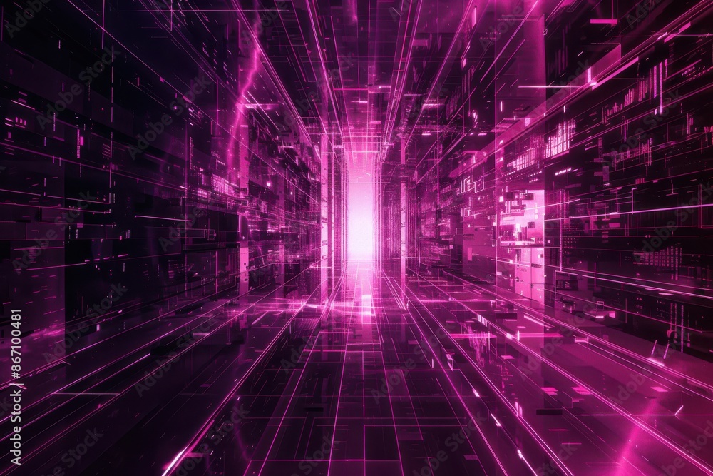 Futuristic glowing pink and purple neon tunnel in cyberspace, concept of metaverse, technology, and the future. Futuristic glowing pink and purple neon tunnel in cyberspace, concept of metaverse, technology, and the future.