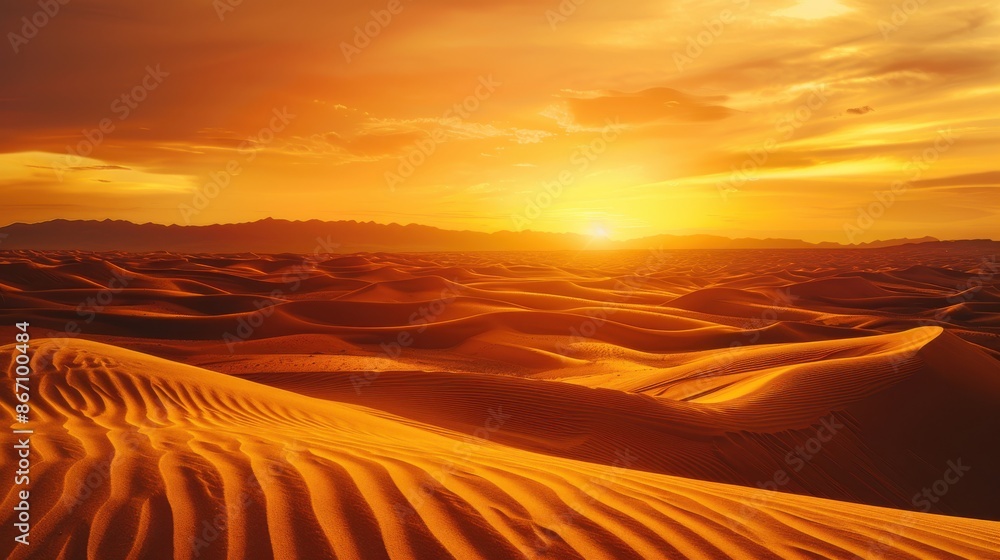 Naklejka premium Desert dunes at sunset, golden hues, rolling sands, tranquil scene, close up, focus on, copy space, vibrant tones, Double exposure silhouette with evening sky