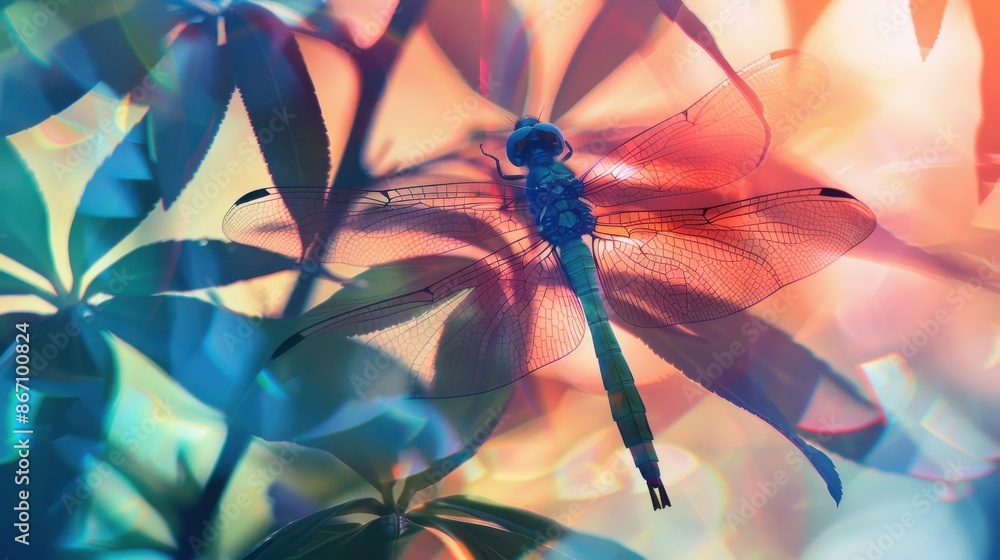 Dragonfly on leaf, delicate wings, natural setting, close up, focus on, copy space, vibrant tones, Double exposure silhouette with intricate patterns Dragonfly on leaf, delicate wings, natural setting, close up, focus on, copy space, vibrant tones, Double exposure silhouette with intricate patterns