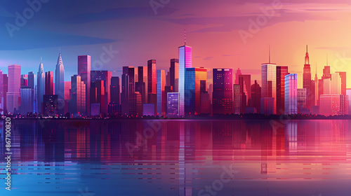 Futuristic city skyline at twilight, with buildings outlined in neon colors transitioning from crimson to burnt orange and indigo. 