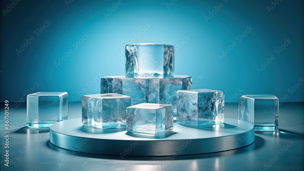 Ice blocks of various sizes displayed on a circular pedestal , ice, blocks, sizes, oval, pedestal, frozen, cold, icy Ice blocks of various sizes displayed on a circular pedestal , ice, blocks, sizes, oval, pedestal, frozen, cold, icy