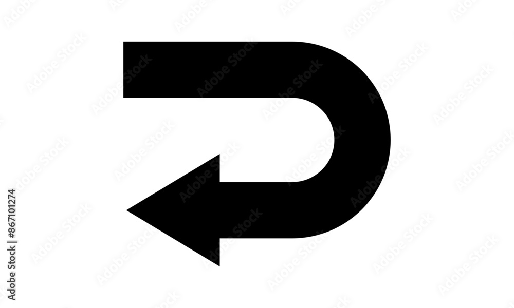 Fototapeta premium Black go back return arrow icon, simple vector u turn shape pointer flat design pictogram concept vector for app ads web banner button ui ux interface