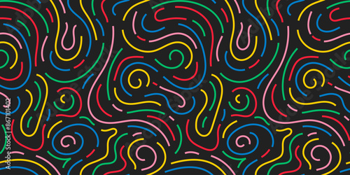 Fun colorful line doodle seamless pattern. Creative minimalist style art background for children or trendy design with basic shapes. Simple party confetti texture, childish scribble shape backdrop.