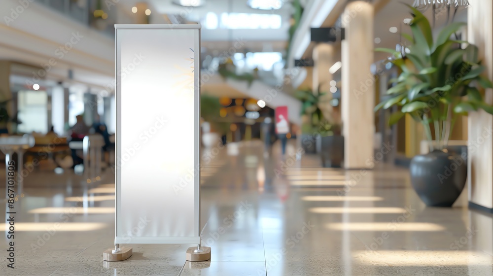 Roll up banner displaying promotional offers in a busy shopping center. Roll up banner displaying promotional offers in a busy shopping center.