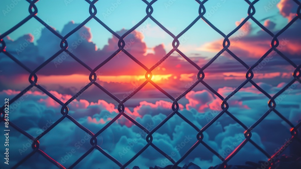 Fototapeta premium Sunset through Chain Link Fence.