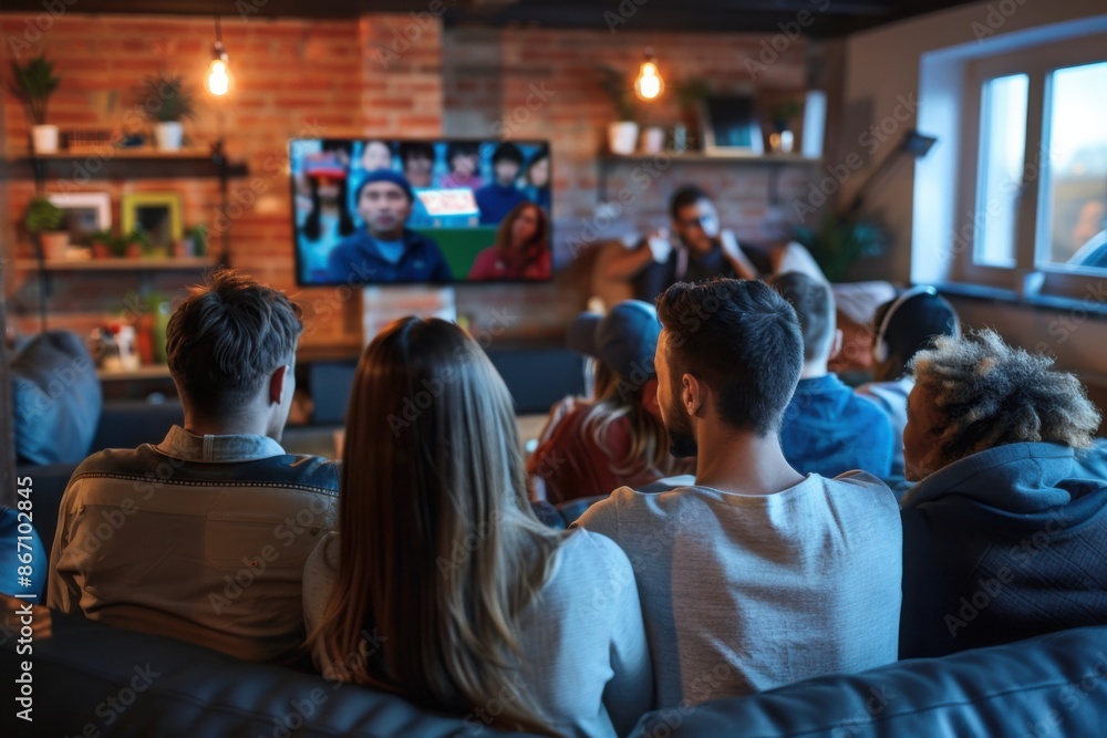 A lively scene of people watching election results on television, filled with anticipation A lively scene of people watching election results on television, filled with anticipation