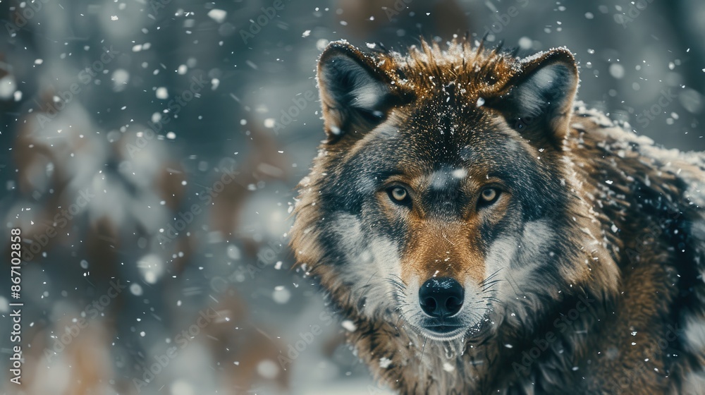 Close-up of a majestic wolf in a snowy forest, showcasing its intense gaze and thick fur. Perfect for nature and wildlife-themed projects. Close-up of a majestic wolf in a snowy forest, showcasing its intense gaze and thick fur. Perfect for nature and wildlife-themed projects.