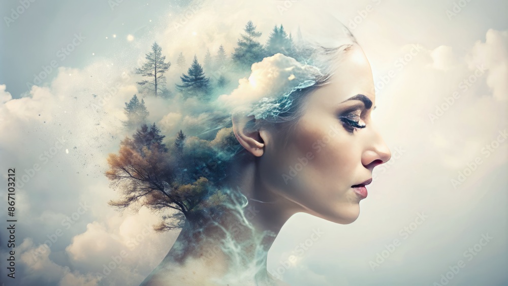 Ethereal mist envelops the outline of a woman's face, suspended in surreal beauty against a pristine white background. Ethereal mist envelops the outline of a woman's face, suspended in surreal beauty against a pristine white background.